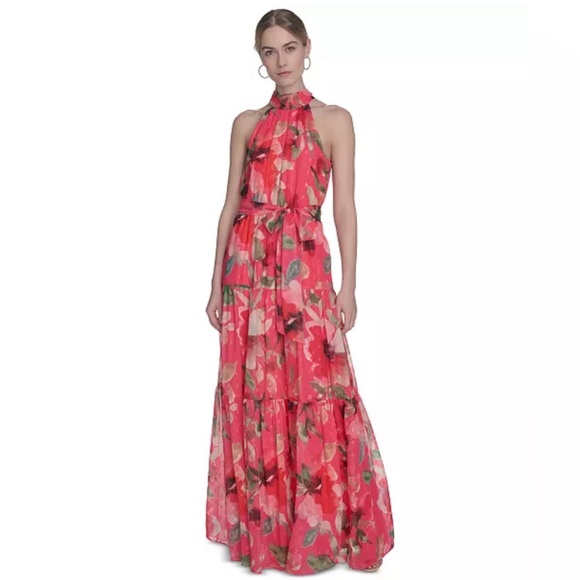Eliza J Dresses & Skirts - Eliza J Women's Floral Printed Sleeveless Tie-Waist Chiffon Halter Gown 4 New